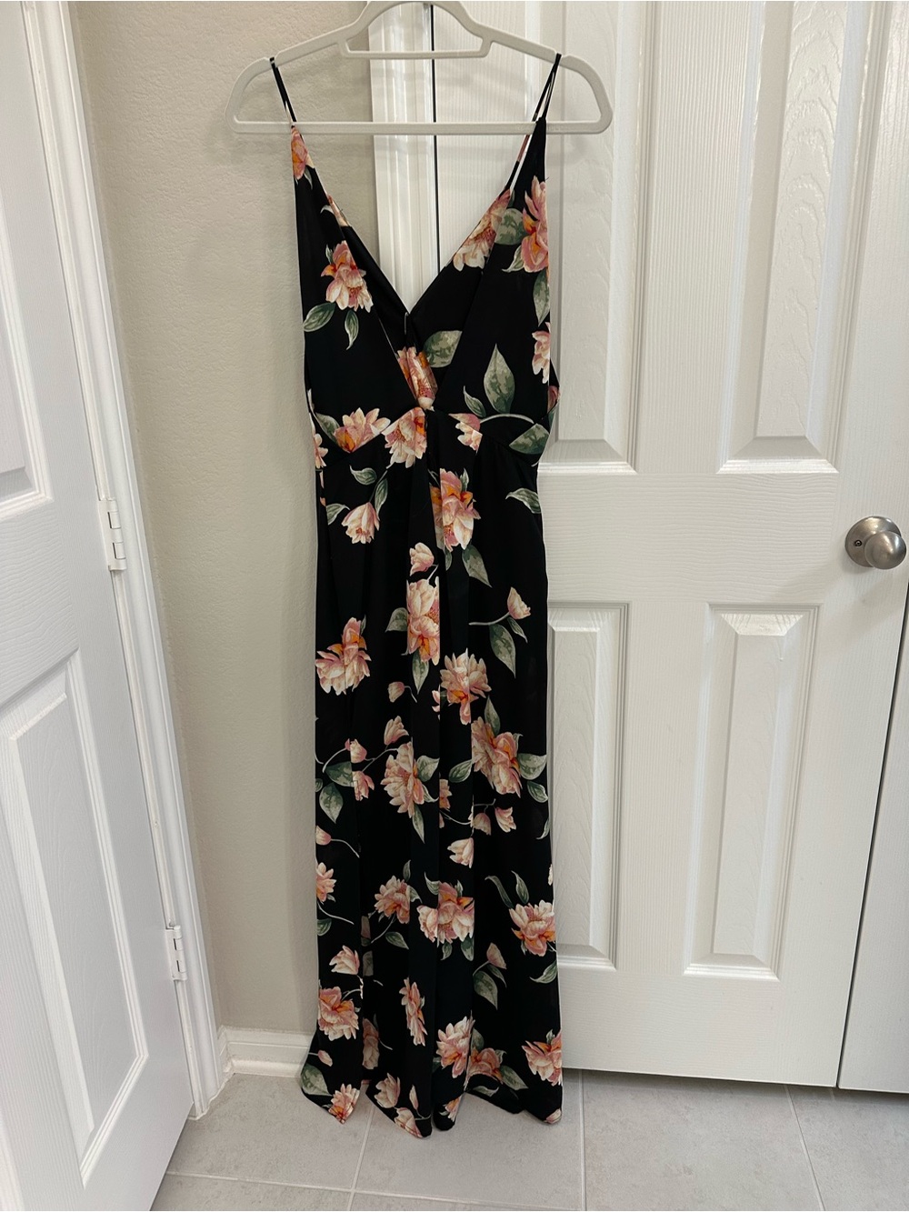 Lush Black Maxi Slip Dress with Pink & Peach Floral Print - Picture 2 of 2